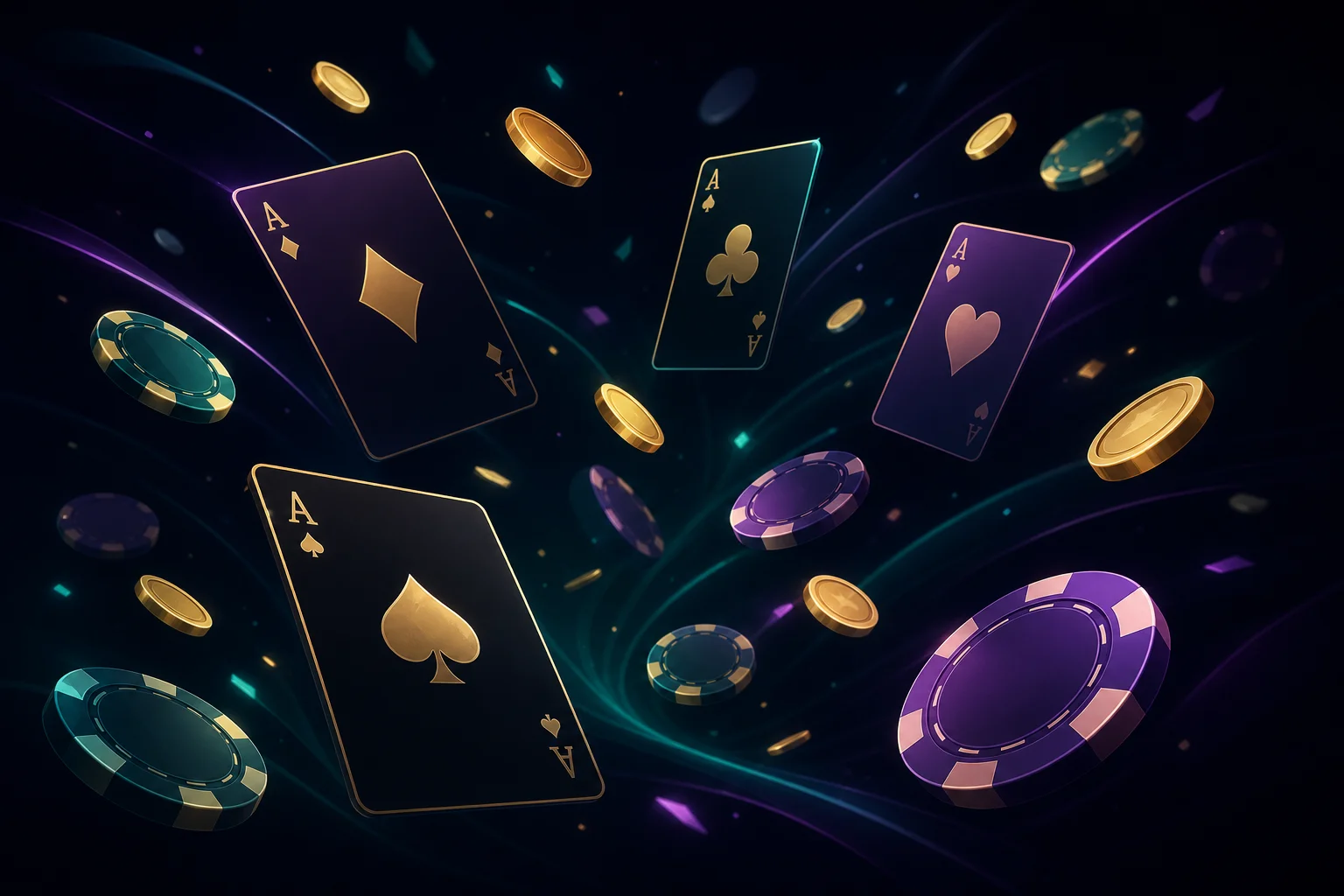 Illustrazione stilizzata di carte da gioco e fiches in movimento