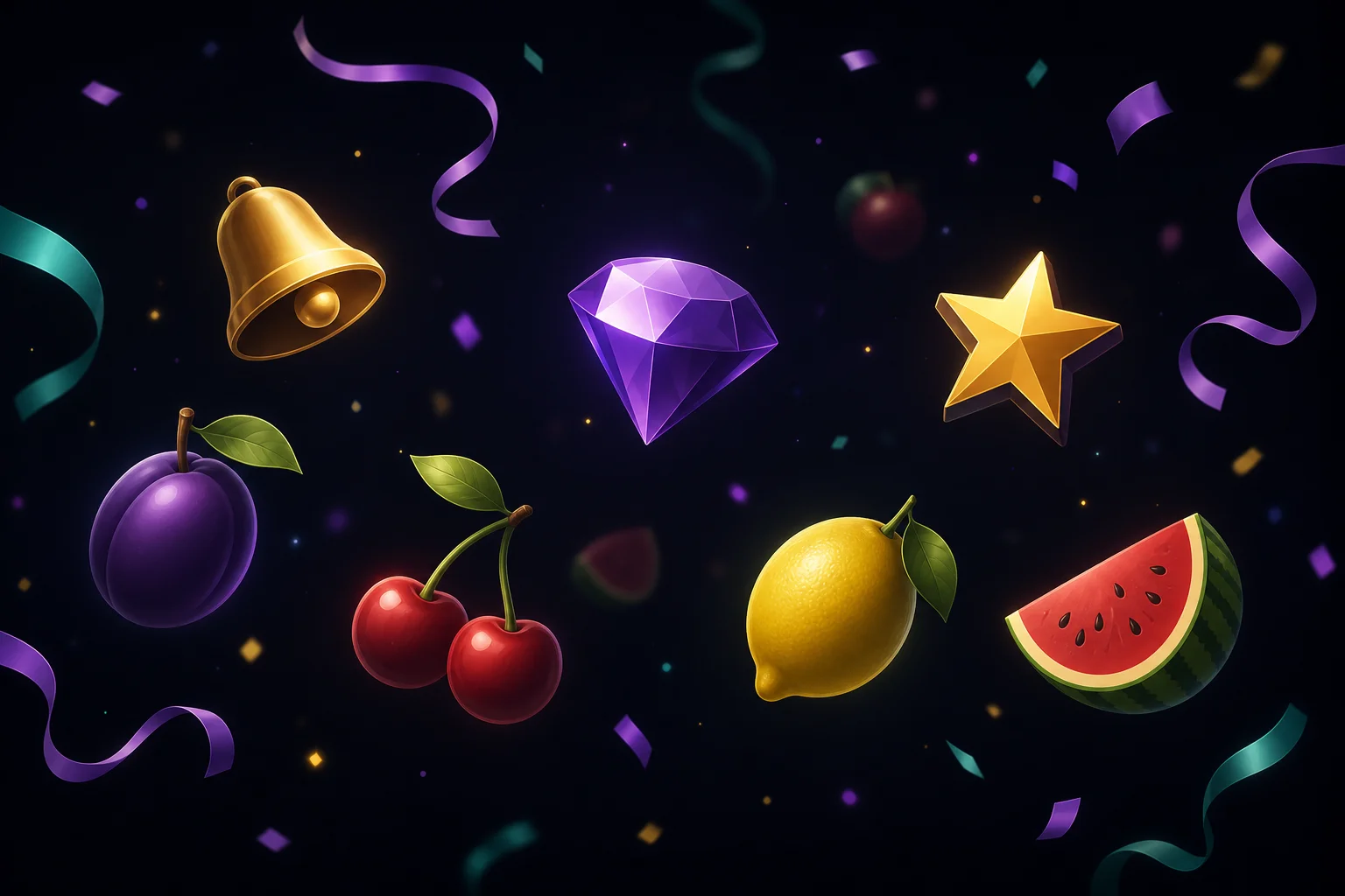 Illustrazione stilizzata di simboli slot e coriandoli